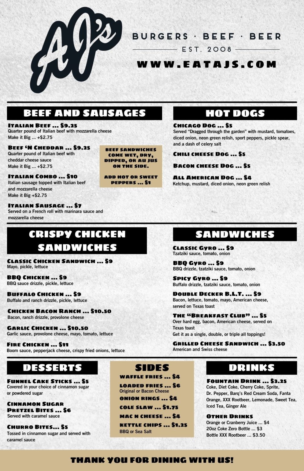 AJ’s Food Menu